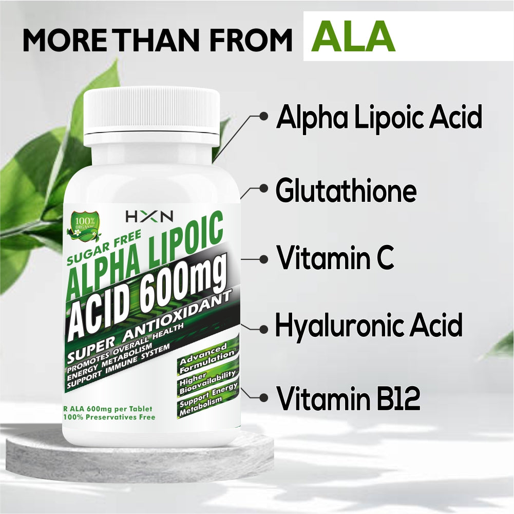 HXN Alpha Lipoic Acid 600mg Supplement With Vitamin B12, L-Glutathione, Hyaluronic Acid, Vit C 60 Tablet