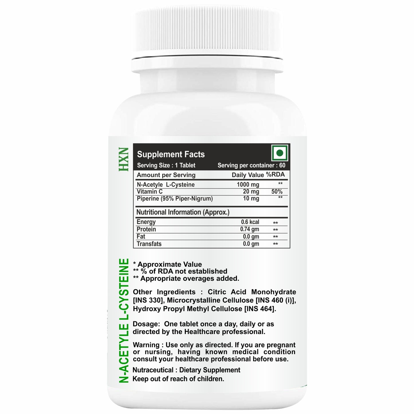 NAC Supplement, N-acetyl-cysteine, Glutathione For lungs-Detox 60 Tablets