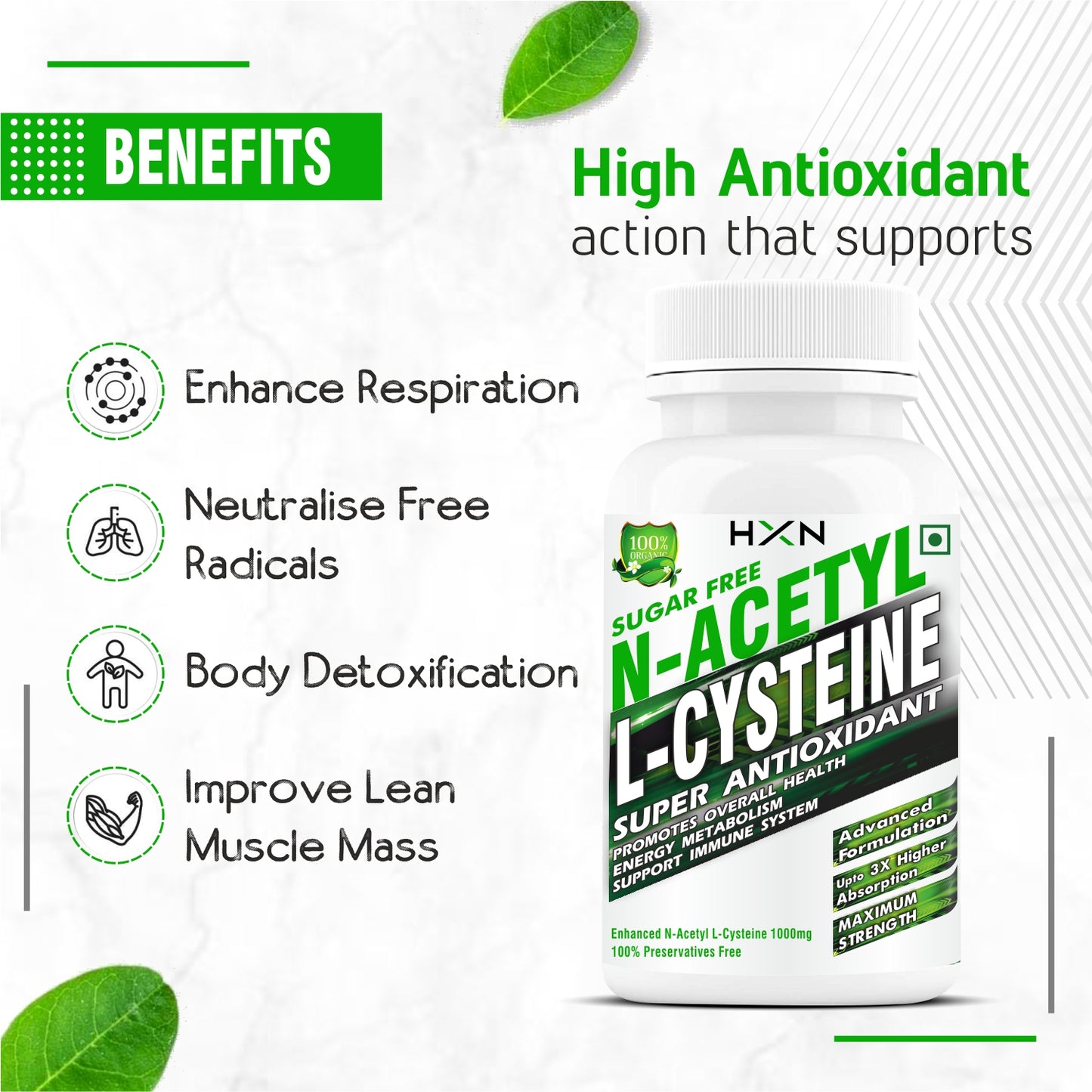 NAC Supplement, N-acetyl-cysteine, Glutathione For lungs-Detox 60 Tablets