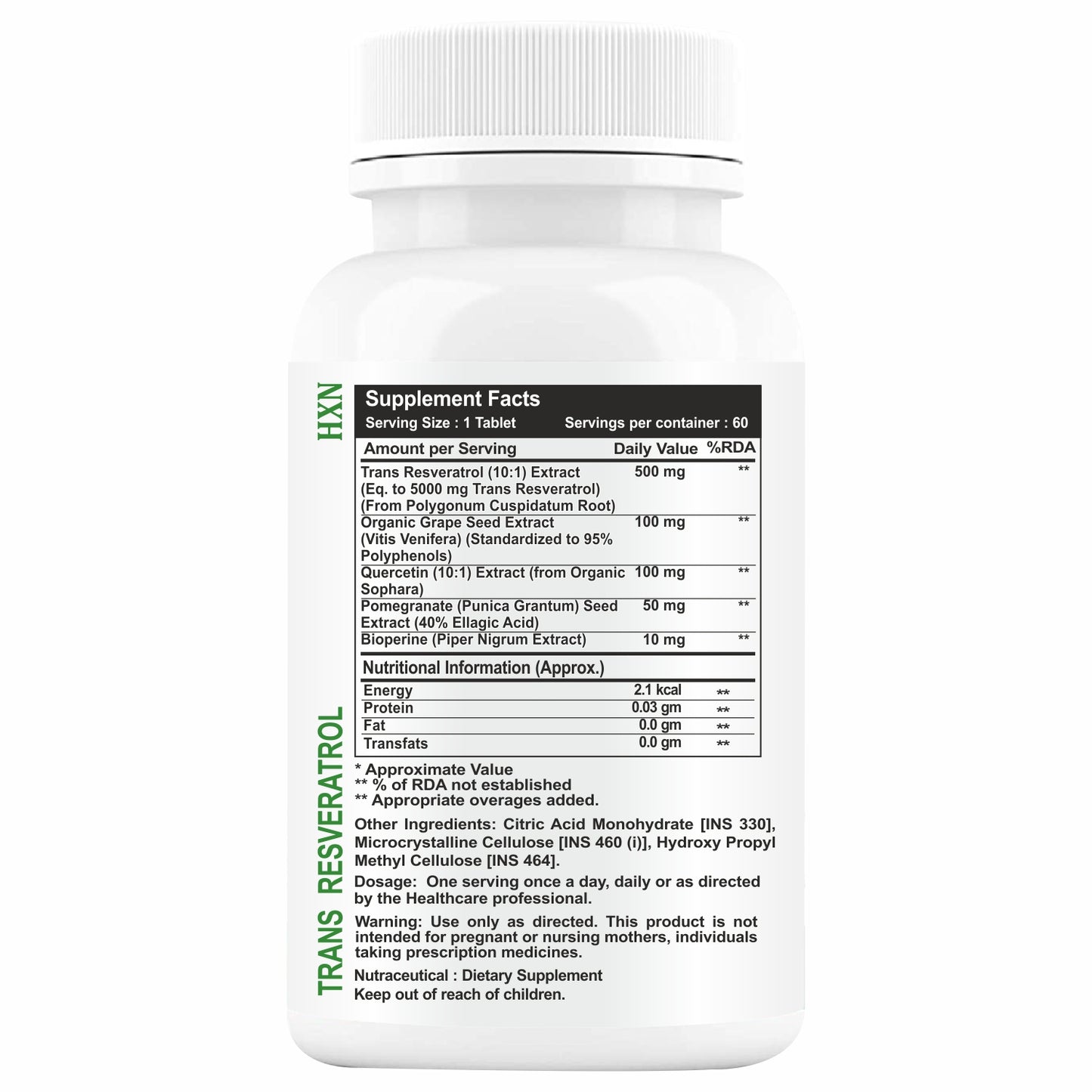 HXN Resveratrol 500mg Supplements With Grape Seed Extract, Quercetin 60 Tablets