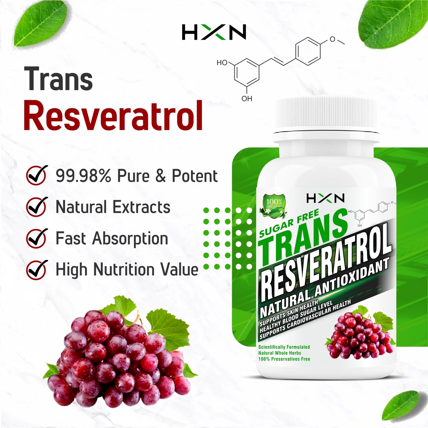 HXN Resveratrol 500mg Supplements With Grape Seed Extract, Quercetin 60 Tablets