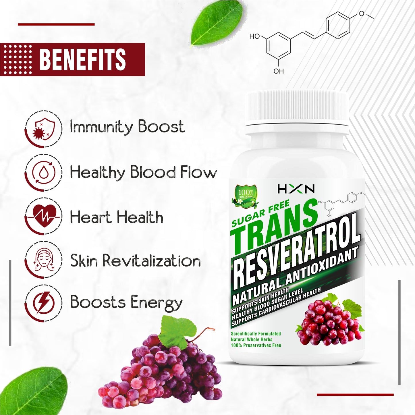 HXN Resveratrol 500mg Supplements With Grape Seed Extract, Quercetin 60 Tablets