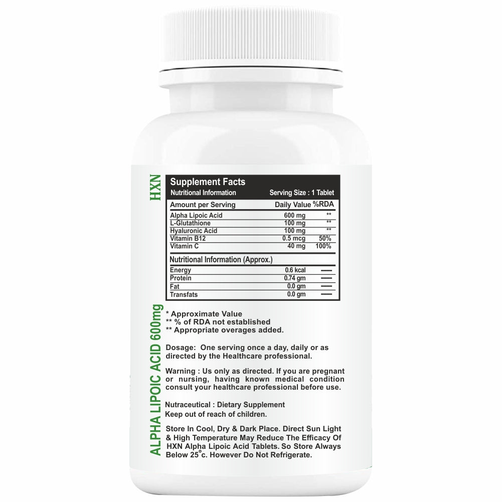 HXN Alpha Lipoic Acid 600mg Supplement With Vitamin B12, L-Glutathione, Hyaluronic Acid, Vit C 60 Tablet